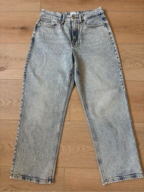 Good American Embellished Light Blue Cropped Relaxed Jeans size 6/28